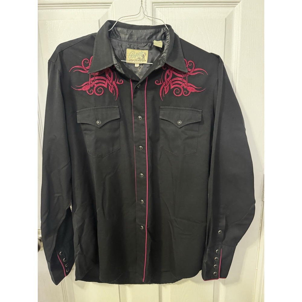 Roper Men's L Black Pink Embroidered Guitar Western Pearl Snap Shirt